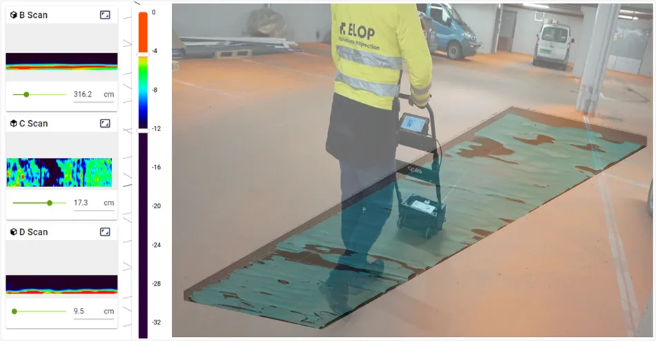 3D ultrasonic reconstruction of concrete slab showing thickness variation and internal features using Elop Insight scanner