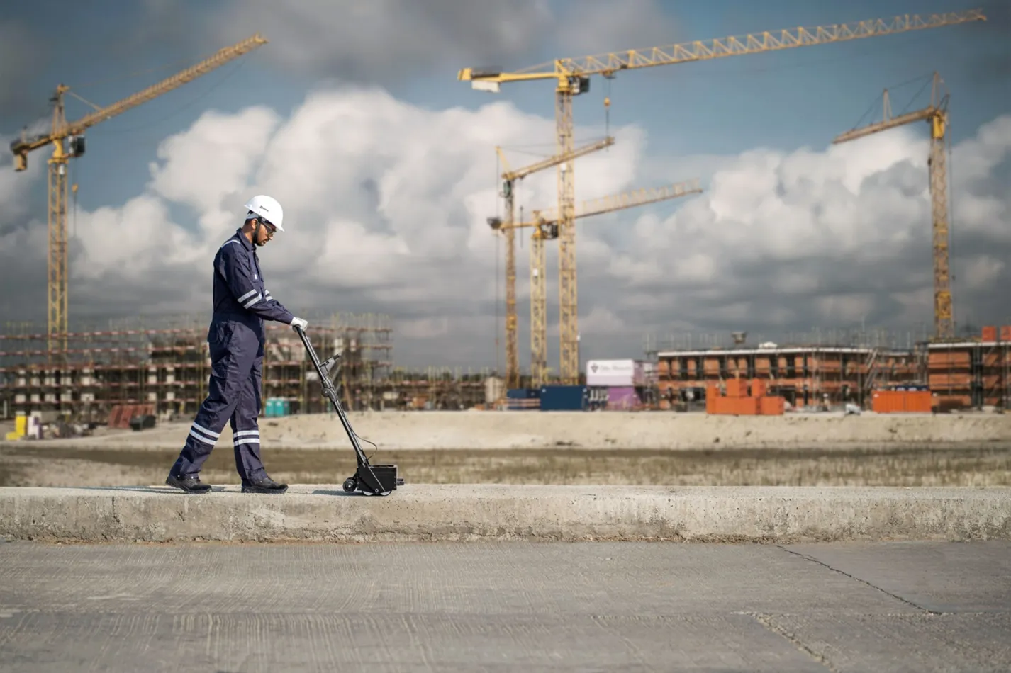 Inspector performing ultrasonic concrete scanning using Elop Insight (EI) non-destructive testing scanner
